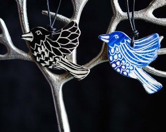 Handmade Christmas Tree Sgraffito Bird Blue and Black Ceramic Ornament Christmas Holiday