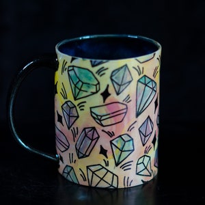 Ceramic Pink Yellow Turquoise Mug with Crystal Gems Diamond Design Carved Sgraffito Drippy Glaze Pottery Handle