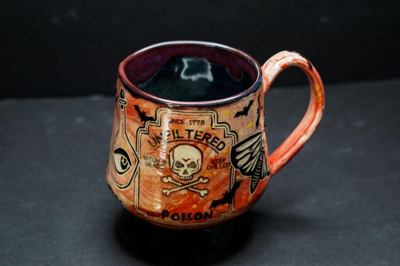 Ceramic Cauldron Mug Handmade Arsenic Poison Apothecary Sgraffito Witch Art Pottery With Handle