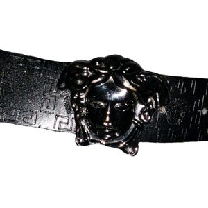 Vintage Versace Men Black Belt Geometric Pattern Medusa Decorative Buckle Designer Logo