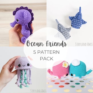 5 PATTERNS Bundle Pack: Ocean Friends, Seahorse, Whale, Jellyfish, Clownfish Amigurumi Crocheted, Tutorial, PDF Crochet Pattern