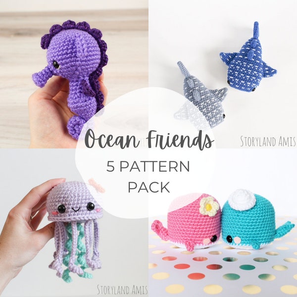 5 PATTERNS Bundle Pack: Ocean Friends, Seahorse, Whale, Jellyfish, Clownfish Amigurumi Crocheted, Tutorial, PDF Crochet Pattern