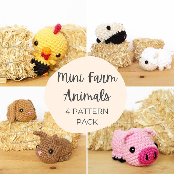 4 PATTERNS Bundle Pack: Mini Farm Animals, Pig, Lamb, Rooster, Bunny, Amigurumi Crocheted, Tutorial, PDF Crochet Pattern
