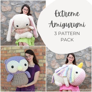 3 PATTERNS Bundle Pack Extreme Amigurumis Unicorn, Bunny, Owl, Crocheted Pattern, Giant Toy Tutorial, PDF Crochet Pattern image 1