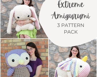 3 PATTERNS Bundle Pack Extreme Amigurumis Unicorn, Bunny, Owl, Crocheted Pattern, Giant Toy Tutorial, PDF Crochet Pattern