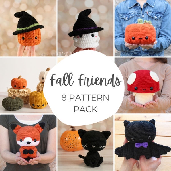 8 PATTERNS Bundle Pack: Fall/Halloween, Pumpkin, Bat, Black Cat, Fox, Ghost Amigurumi Crocheted, Tutorial, PDF Crochet Pattern
