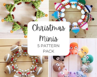 May include: A set of five crochet Christmas mini patterns. The patterns include a Christmas tree, snowman, gingerbread person, owl, and penguin. The patterns are available as a digital download.