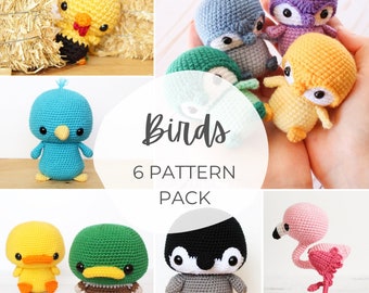 6 PATTERNS Bundle Pack: Birds, Penguin, Bluebird, Rooster, Duck, Flamingo Amigurumi Crocheted, Tutorial, PDF Crochet Pattern