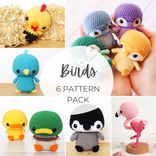 6 PATTERNS Bundle Pack: Birds, Penguin, Bluebird, Rooster, Duck, Flamingo Amigurumi Crocheted, Tutorial, PDF Crochet Pattern