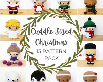 May include: A collection of 13 crochet Christmas patterns featuring a variety of characters, including Santa, a snowman, a gingerbread person, a penguin, and an angel. The patterns are designed to be easy to follow and create adorable, cuddle-sized ornaments.