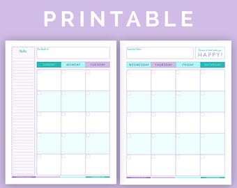 Designer Printable Undated Monthly Planner Spread in Teal and Purple