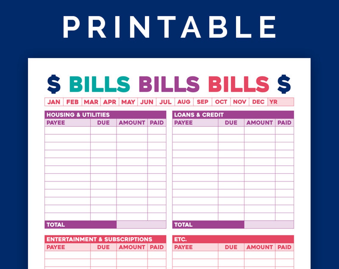 Monthly Bills Budget Printable PDF | Etsy