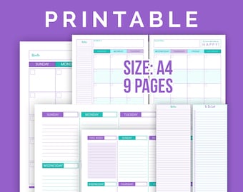 May include: Printable planner pages in A4 size with 9 pages. The pages are designed with a purple and teal color scheme and include sections for monthly, weekly, and daily planning, as well as notes and to-do lists.