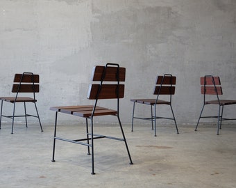 Set of Four 1950s Iron and Exotic Wood Side Chairs.