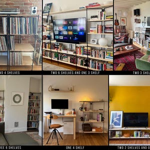 May include: A collection of images showcasing various shelving units. The shelves are made of light-colored wood and black metal frames. The images show different configurations, including two, three, four, five, and six shelves. The text in the image reads: "TWO 4 SHELVES", "TWO 6 SHELVES AND ONE 3 SHELF", "TWO 3 SHELVES", "THREE 6 SHELVES", "ONE 4 SHELF", and "TWO 2 SHELVES AND ONE 5 SHELF".