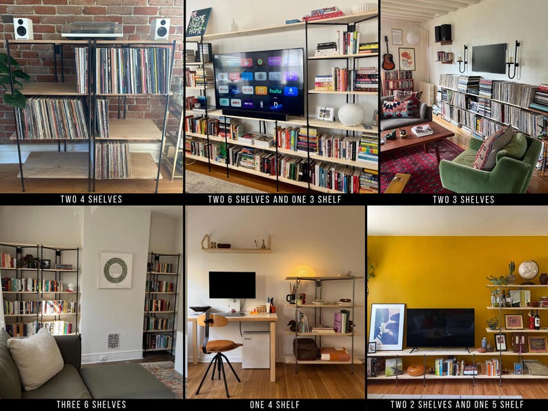 May include: A collection of images showcasing various shelving units. The shelves are made of light-colored wood and black metal frames. The images show different configurations, including two, three, four, five, and six shelves. The text in the image reads: "TWO 4 SHELVES", "TWO 6 SHELVES AND ONE 3 SHELF", "TWO 3 SHELVES", "THREE 6 SHELVES", "ONE 4 SHELF", and "TWO 2 SHELVES AND ONE 5 SHELF".