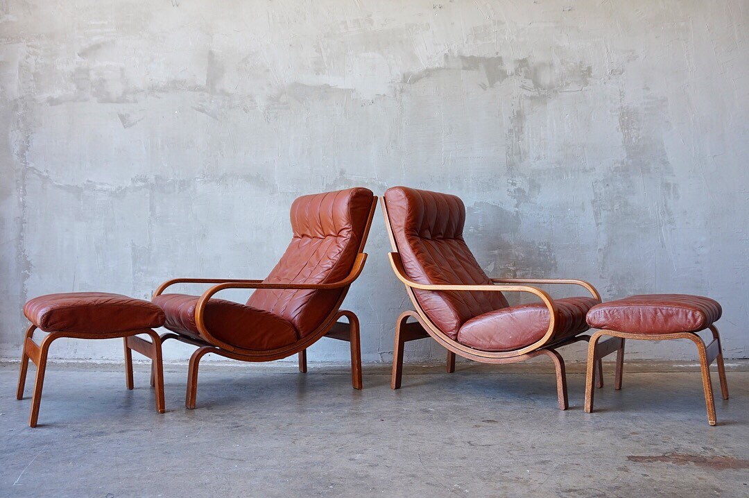 Leather Lounge Chairs W/ Ottomans