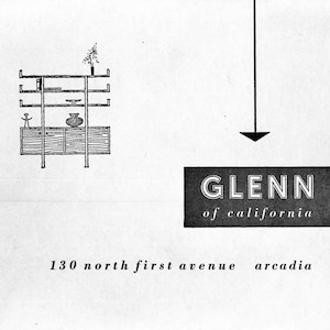 May include: Black and white line drawing of a modern shelf unit with three shelves and a cabinet below. The text "GLENN of california" and "130 north first avenue arcadia" is printed below the image.
