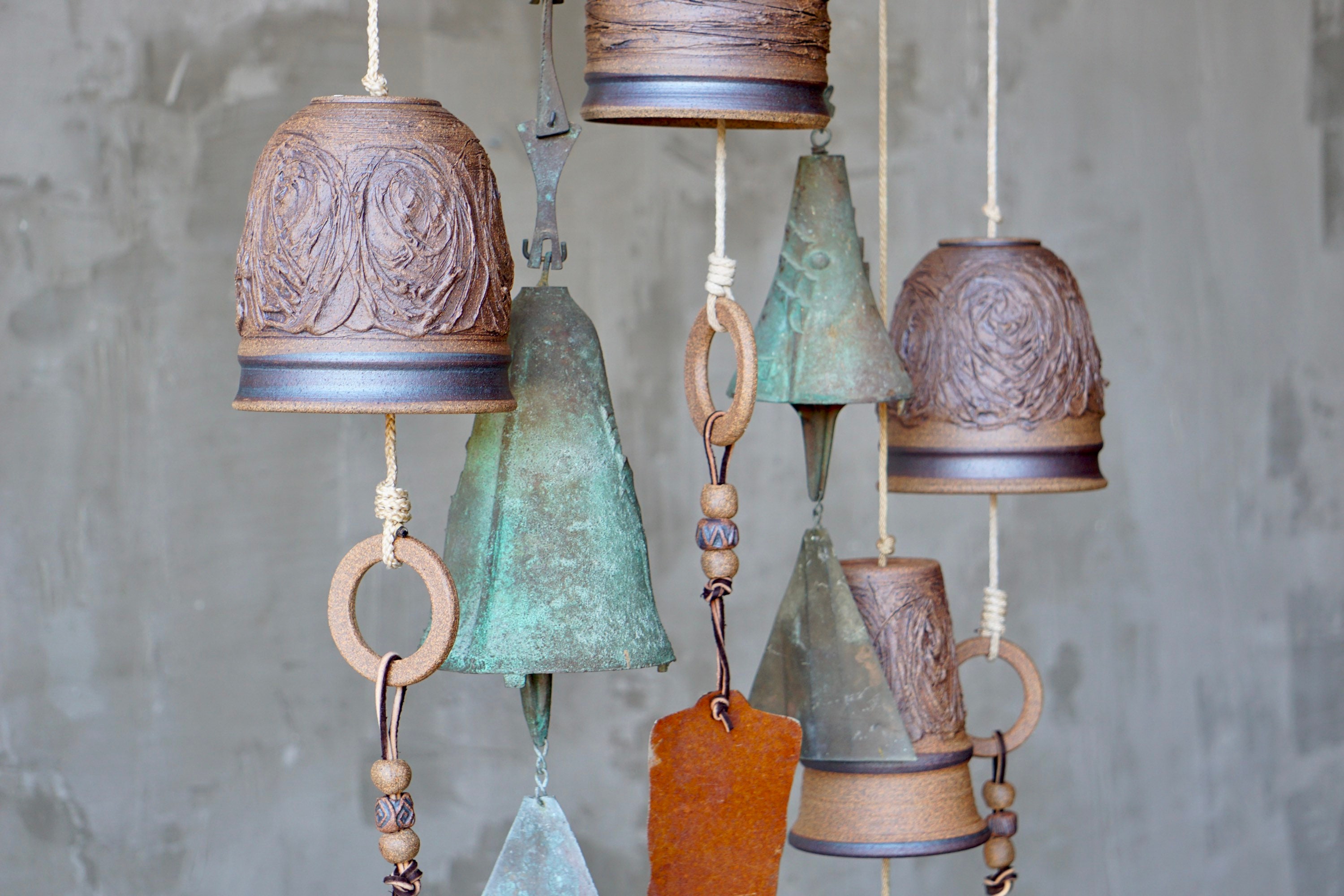 Rustic Hanging Clay Bells on Rope