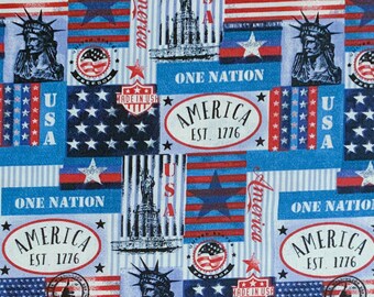 アメリカ国旗柄生地 - ネイビーブルー、レッド、ホワイト 100%コットン