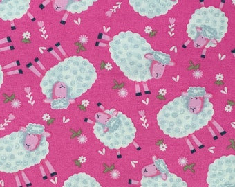 Sheep on Pink Cotton Fabric, Floral Apparel Quilting Fabric