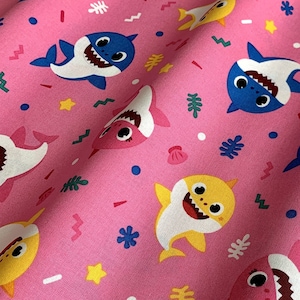 Baby Shark 100% Cotton Fabric, Pinkfong Shark Family Party, Novelty Fabric, Licensed Fabric, Sold By The Yard, Half Yard, Quarter Yard