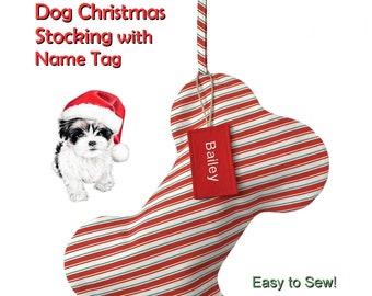 犬用クリスマスストッキングの縫製パターン、名前タグ付きペットストッキング（PDFチュートリアル）