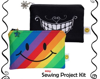 Sewing Project Kit, Beginner Pouch Bag Sewing Pattern, Funny Face Zippered Pouch Sewing Kit, Choose From Over 20 Designs!