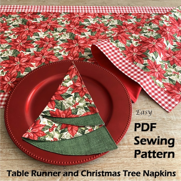 Table Runner & Christmas Tree Napkin PDF Pattern and Tutorial, Beginner Table Runner and Napkin Pattern, Fast and Easy Sewing Pattern,DIY