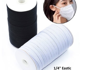 Banda elástica trenzada de 1/4", negra o blanca, para coser y usar como mascarilla.