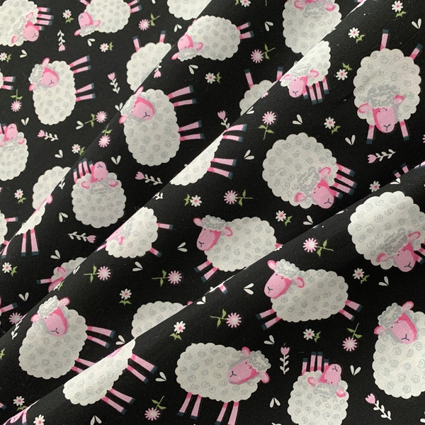 Sheep on Black Cotton Fabric, 100% Soft Lightweight Cotton Fabric, White Sheep Scattered on Black Floral, Apparel, Quilting, & Craft Fabric