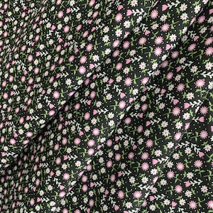 Tissu noir à petites fleurs 100 % coton doux et léger, vêtements, courtepointe et tissu artisanal vendus par mètre, demi-mètre et quart de mètre