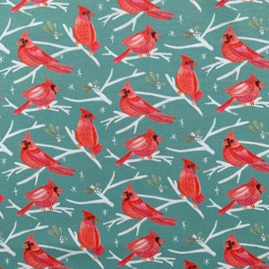 Mod Christmas Birds Fabric, Red Cardinals on Aqua Green, Full Yard and  Half Yard, 100% Cotton by Paintbrush Studios