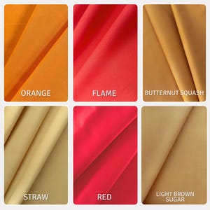 Puede incluir: Una cuadr&iacute;cula de seis muestras de tela en colores s&oacute;lidos etiquetadas como Orange, Flame, Butternut Squash, Straw, Red y Light Brown Sugar. Cada secci&oacute;n muestra material textil liso y plegado con tonos c&aacute;lidos y texturas mate.