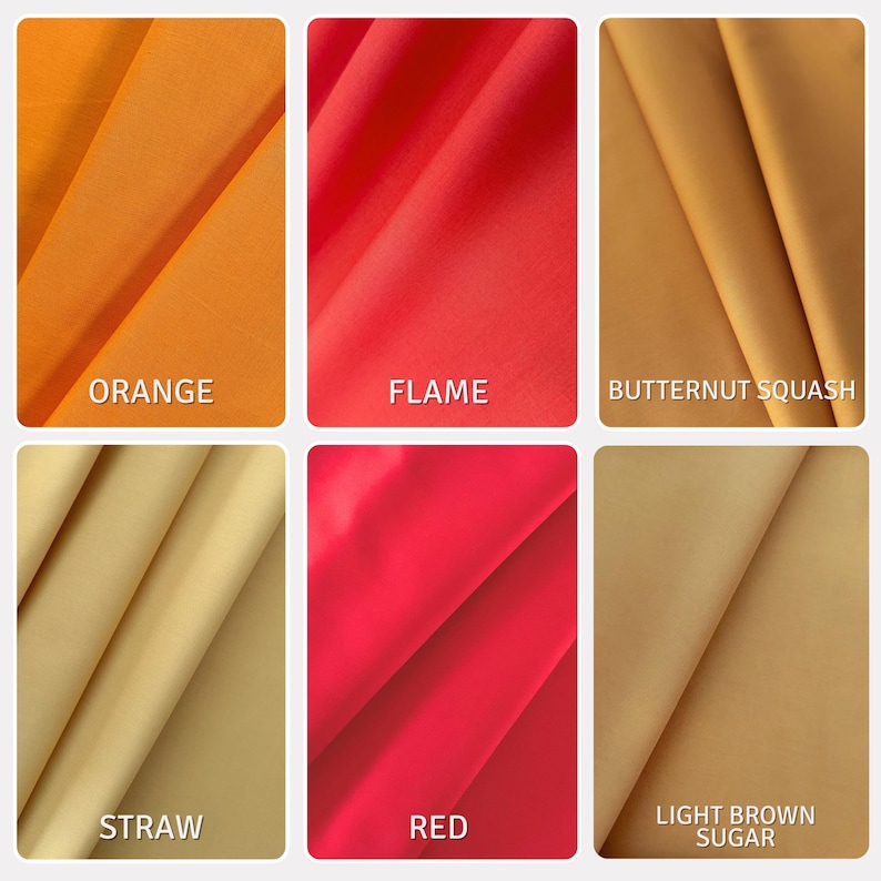 Puede incluir: Una cuadr&iacute;cula de seis muestras de tela en colores s&oacute;lidos etiquetadas como Orange, Flame, Butternut Squash, Straw, Red y Light Brown Sugar. Cada secci&oacute;n muestra material textil liso y plegado con tonos c&aacute;lidos y texturas mate.