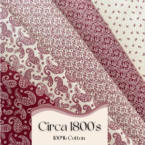 Vintage 1800&#39;s Cotton Fabric, Burgundy Tan Quilting Weight
