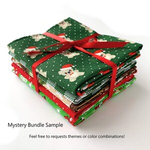 May include: A stack of fabric squares with a Christmas theme. The fabric features a green background with white bears wearing Santa hats and red polka dots. The fabric is tied together with a red ribbon.