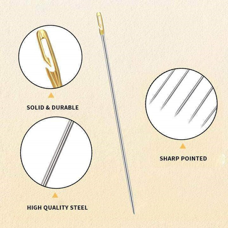 May include: Close-up of a gold-tipped sewing needle with a sharp point. The needle is made of high-quality steel and is durable. The needle is shown in a circle with the text "SOLID & DURABLE" and "HIGH QUALITY STEEL" below it. Another circle shows a close-up of the needle's sharp point with the text "SHARP POINTED" below it.