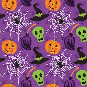 Creepy Things in Purple Halloween Fabric by the Yard, Half Yard, 100% Cotton, Quilting Cotton, Apparel & Craft Fabric, 1st Quality