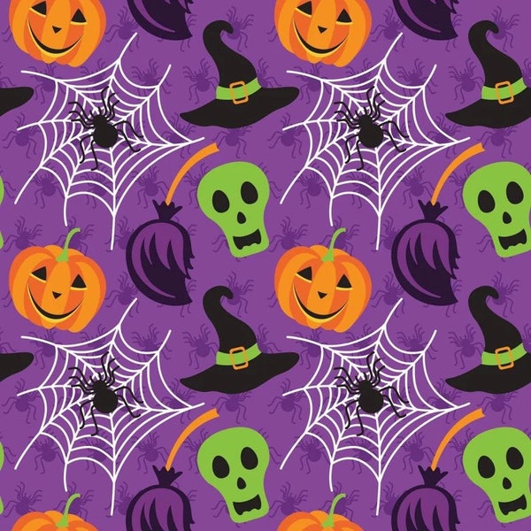 Creepy Things in Purple Halloween Fabric by the Yard, Half Yard, 100% Cotton, Quilting Cotton, Apparel & Craft Fabric, 1st Quality