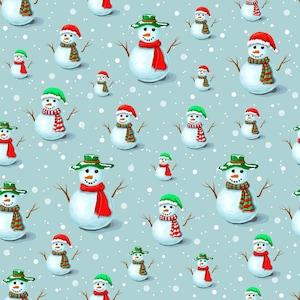 Christmas Fabric by MDG, Happy Snowman Family on Blue, Yard and Half Yard, 100% Cotton, Quilting Weight Cotton, Apparel and Craft Fabric