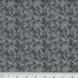 May include: A fabric with a repeating pattern of gray brushstrokes on a lighter gray background. The brushstrokes are thick and textured, creating a dynamic and abstract design. The fabric is suitable for various sewing projects.