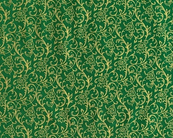 Green & Gold Christmas Fabric by the Yard and Half, Green with Gold Vinery 100% Cotton Fabric, Merry Christmas Metallic Green