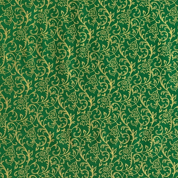 Green & Gold Christmas Fabric by the Yard and Half, Green with Gold Vinery 100% Cotton Fabric, Merry Christmas Metallic Green