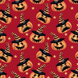 Mischievous Pumpkins Halloween Fabric, Red Cotton Quilting Apparel