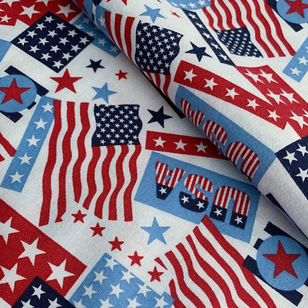 Patriotic Fabric, 100% Cotton Fabric, USA Flags, Quilting Cotton, Apparel Fabric, By the Quarter, Half Yard & Full Yard