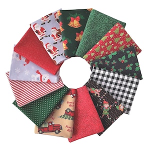 May include: A collection of 10 Christmas fabric squares featuring various holiday themes, including Santa Claus, reindeer, snowflakes, and Christmas trees. The fabrics are in a variety of colors, including red, green, white, and black.