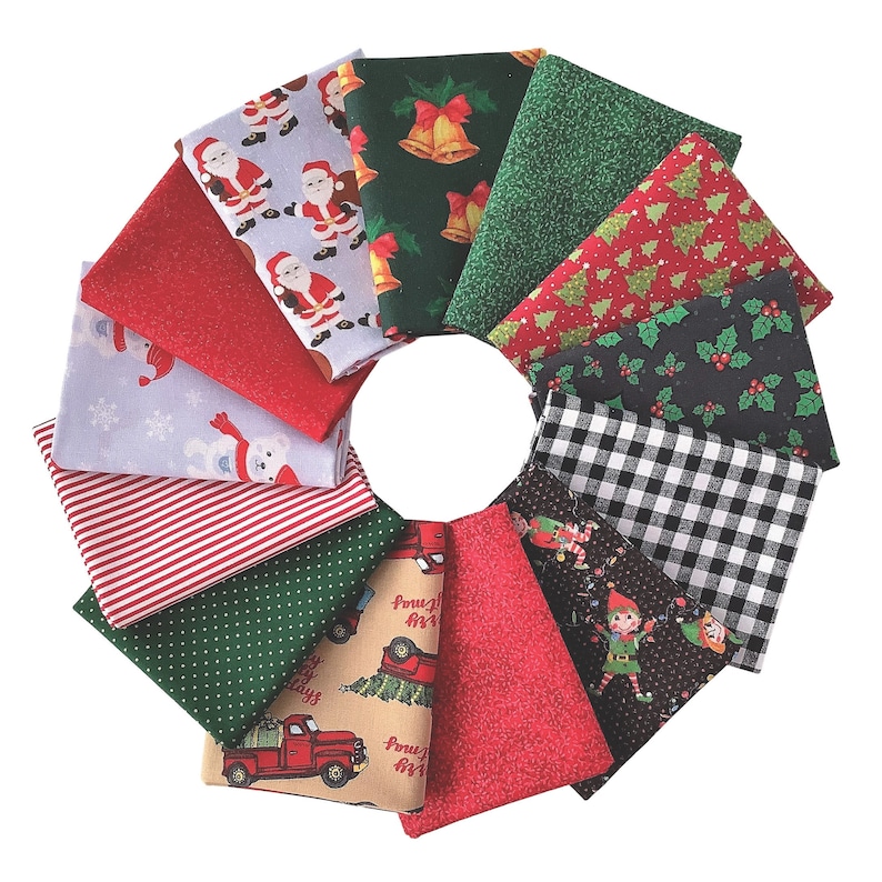 May include: A collection of 10 Christmas fabric squares featuring various holiday themes, including Santa Claus, reindeer, snowflakes, and Christmas trees. The fabrics are in a variety of colors, including red, green, white, and black.