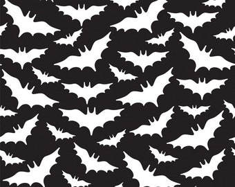 Flying Bats Halloween Fabric, White on Black 100% Cotton
