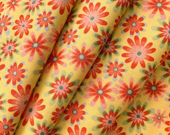 Tissu en coton Flower Power avec marguerite rouge, matelassage jaune